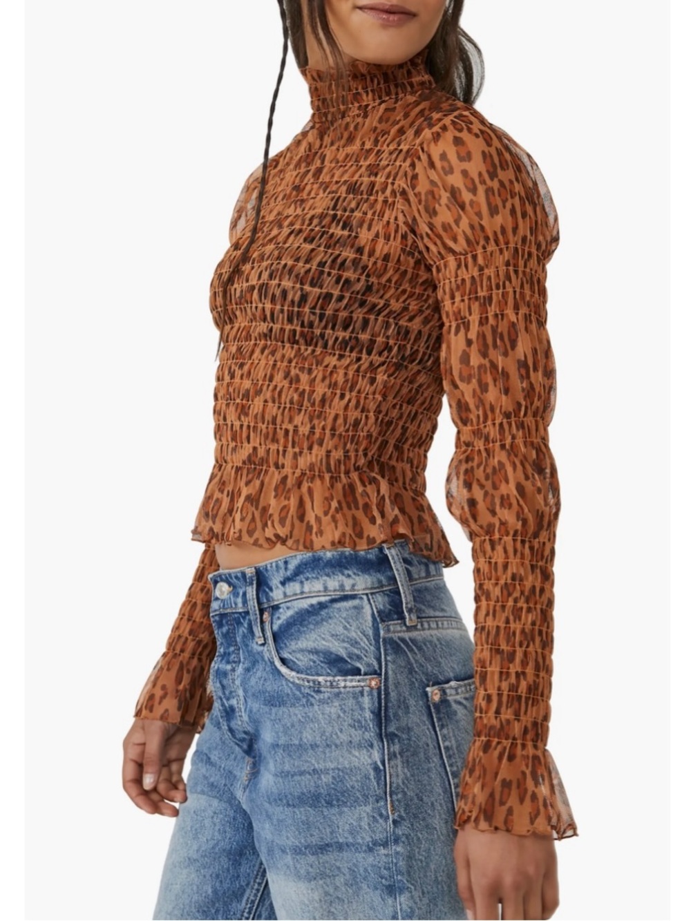 Free People Hello There smocked cheetah print sheer blouse